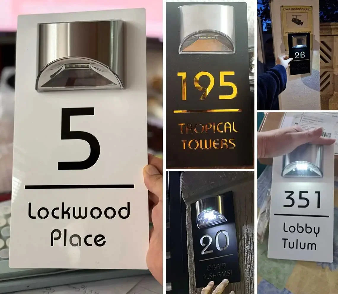 Moderne Husnummerskilt med Navn og Lys – Kan Tilpasses