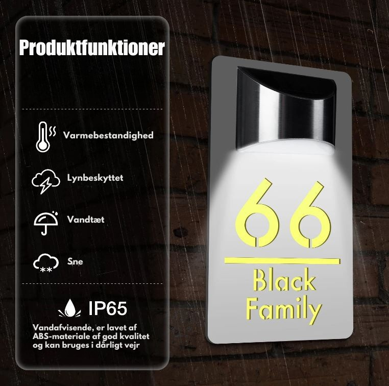 Moderne Husnummerskilt med Navn og Lys – Kan Tilpasses